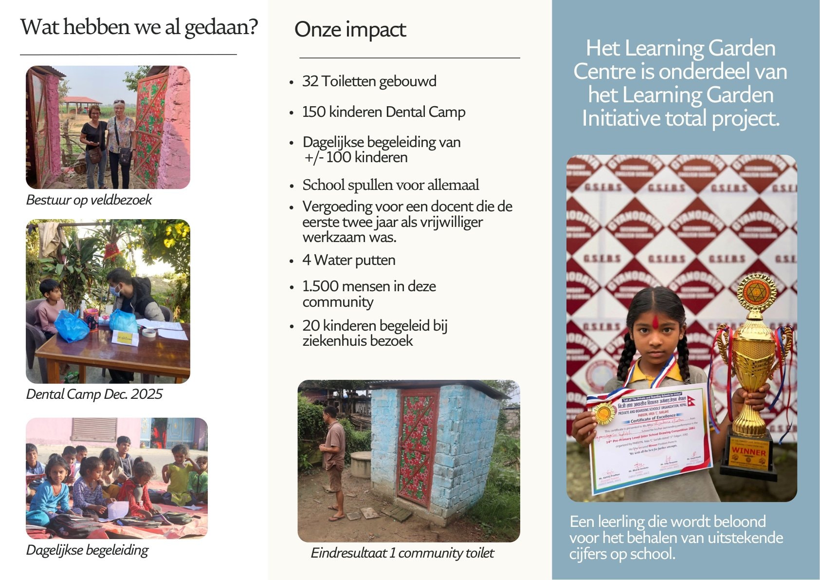 Learning Garden Centre brochure - Field visits, dental camp, daily guidance, and impact